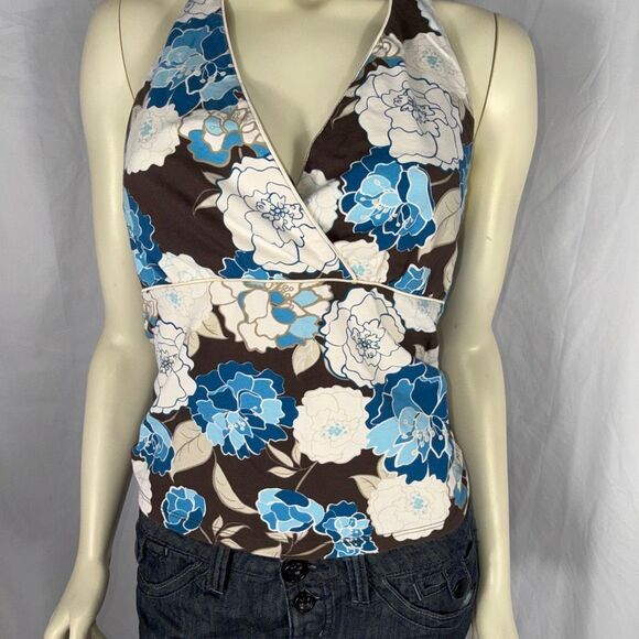 SO Y2K Brown Blue Floral Halter Top Women’s Size Large Retro 2000s Stretch Knit - Picture 9 of 12